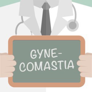 Tampa Gynecomastia plastic surgeon holding a chalkboard containing text that reads gynecomastia